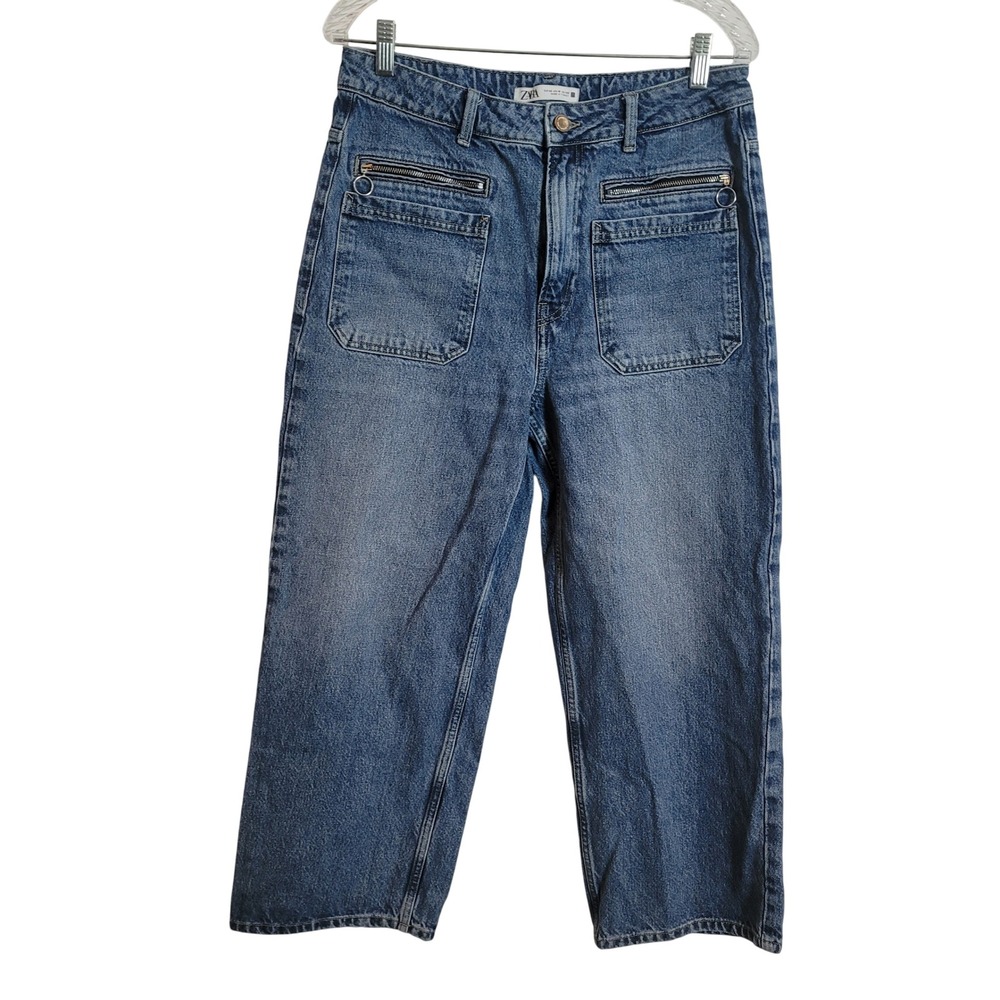 Zara High Waisted Wide Leg‎ Patch Pocket Utility Jeans Medium Wash Blue Size 10